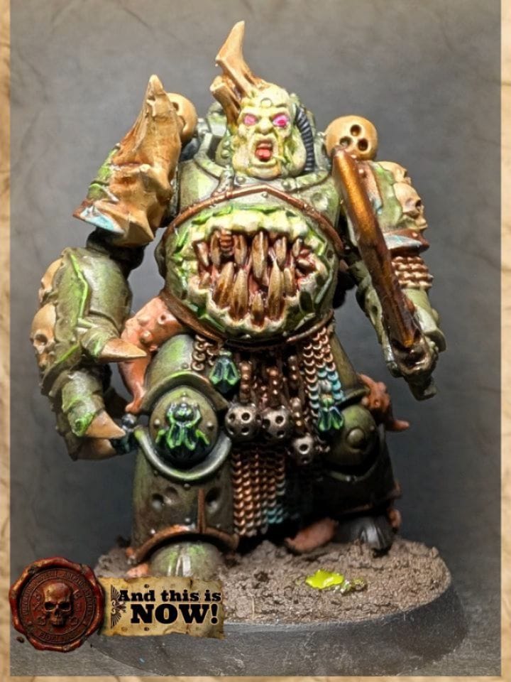 Death Guard Nurgle character miniature with rotting green and bone armour